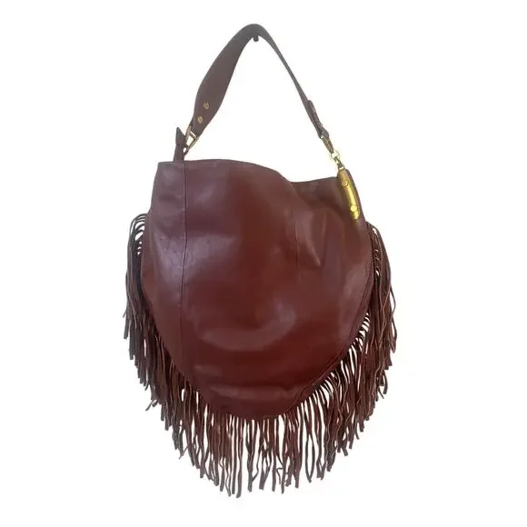 SHARIF Brown Goat Leather & Fringe with Metal Cougar Head Hobo Purse - Picture 6 of 6